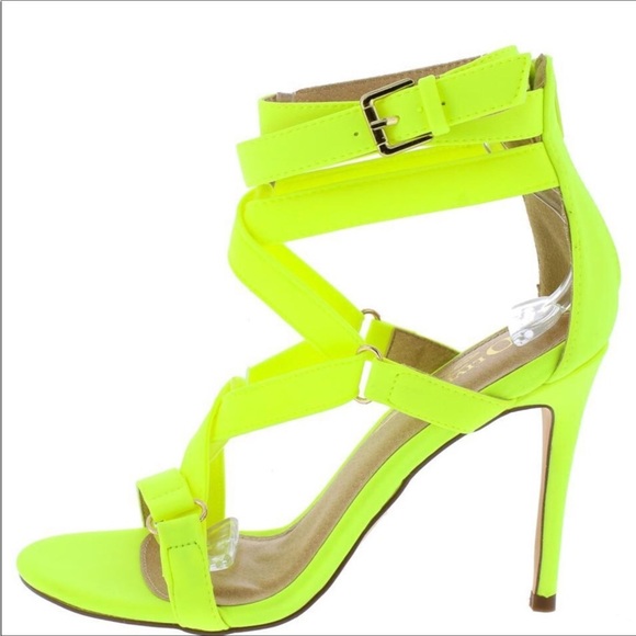 Neon Yellow Crisscross Soft Nylon High Heel Sandals - Picture 1 of 3